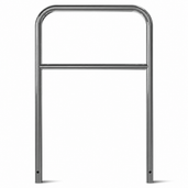 Glanzende RVS beschermbeugel Ø48 mm, 800x1200 mm, met tussenbuis en gaten voor betonverankering.