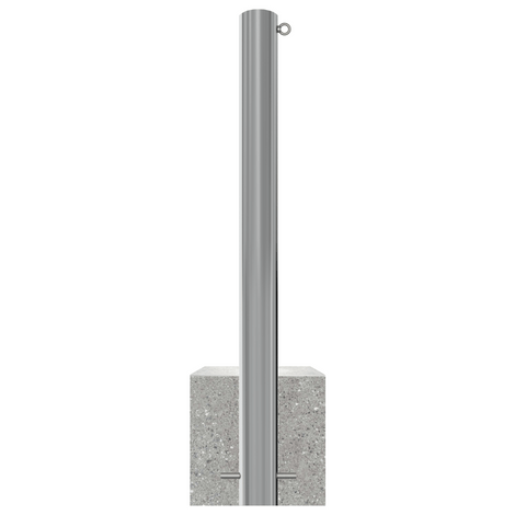 RVS parkeerpaal, Ø102 mm, K320 finish, met betonvoet en 1 kettingoog.