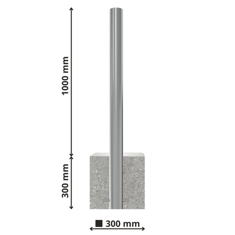 RVS afzetpaal met K320 finish, Ø60-102mm, 1000mm hoog, geïntegreerd in een 300x300mm betonvoet.