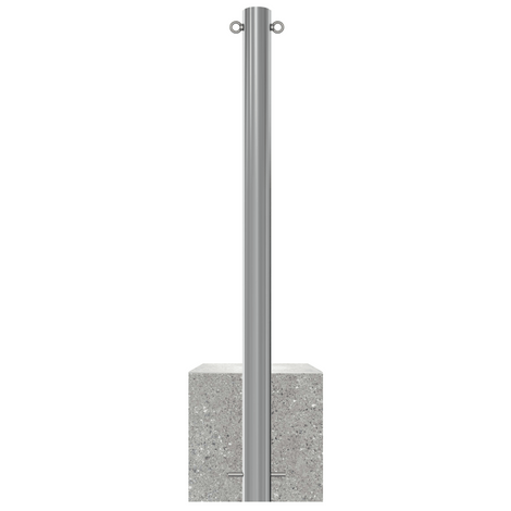 RVS afzetpaal, Ø76 mm, met twee kettingogen en een grijze betonvoet.
