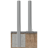 RVS beschermpaal Ø102 mm, links verankerd in beton, rechts op voetplaat.