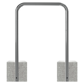 Glanzende RVS fietsbeugel (Ø48 mm) met twee grijze betonvoeten, zonder tussenbuis.