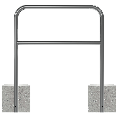 RVS fietsbeugel, Ø48 mm, met tussenbuis en twee grijze betonvoeten, 1000x1200 mm.