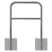 RVS fietsbeugel met tussenbuis, 800x1200mm, op twee grijze betonvoeten.
