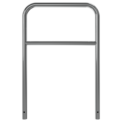 RVS fietsbeugel Ø48 mm met tussenbuis, glanzend metaal, voor betonverankering.