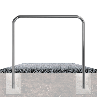 Glanzende RVS fietsbeugel Ø48 mm, U-vormig, voor verankering in beton, zonder tussenbuis.