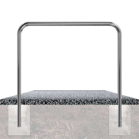 Glanzende RVS fietsbeugel Ø48 mm, U-vormig, voor verankering in beton, zonder tussenbuis.