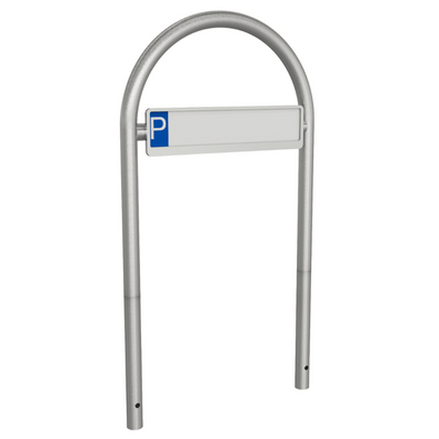 RVS houder met boogvormig frame en rechthoekig wit bord voor parkeerbord of kentekenplaat.