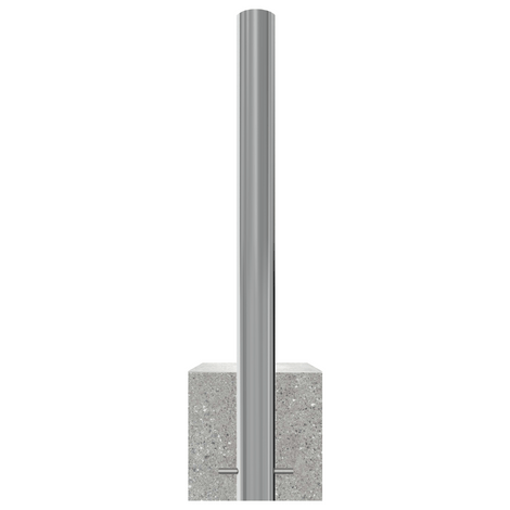 RVS parkeerpaal, Ø102 mm, met K320 finish, ingebed in een grijze betonvoet.