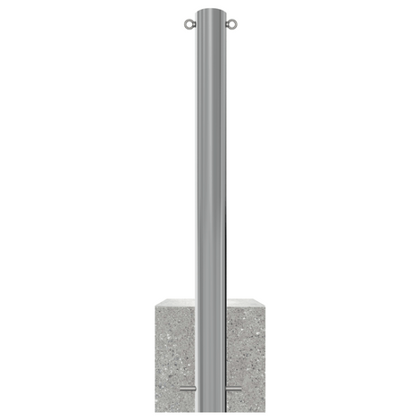 RVS parkeerpaal, Ø102 mm, met K320 finish en betonvoet, voorzien van twee kettingogen.