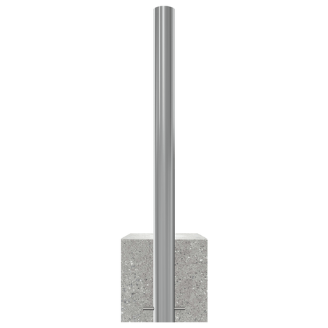 RVS parkeerpaal met K320 finish, Ø60-102 mm, verankerd in een grijze betonvoet.