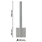 RVS parkeerpaal met K320 finish, Ø60-102mm, 1000mm hoog, verankerd in een 300x300mm betonvoet.