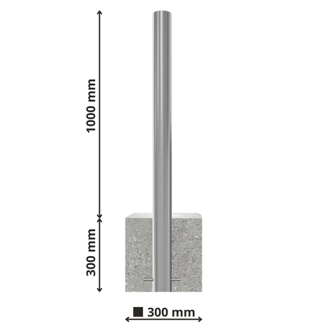 RVS parkeerpaal met K320 finish, Ø60-102mm, 1000mm hoog, verankerd in een 300x300mm betonvoet.