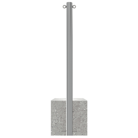 RVS parkeerpaal, Ø60 mm, met K320 finish en grijze betonvoet, inclusief twee kettingogen.