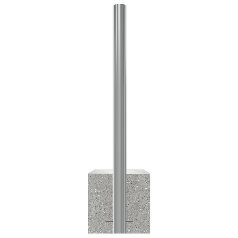 RVS parkeerpaal (Ø76 mm) met betonvoet en K320 finish, staand op witte achtergrond.