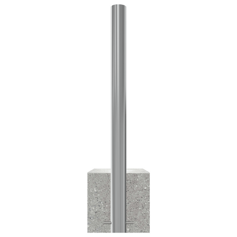 RVS parkeerpaal, Ø89 mm, met geborstelde K320 finish en een grijze betonvoet.