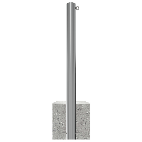 RVS parkeerpaal, Ø89 mm, met betonvoet en één kettingoog, K320 finish.