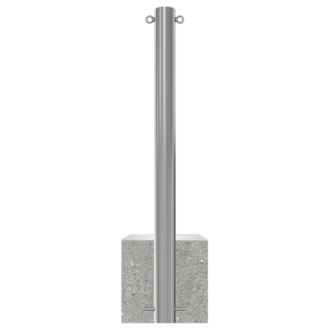 RVS parkeerpaal, Ø89mm, met betonvoet en twee kettingogen, K320 finish.