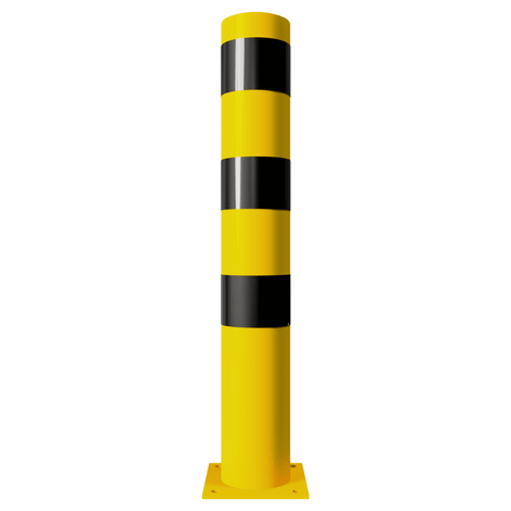 Gele en zwarte stalen rampaal Ø152 mm met gelaste kap en voetplaat.