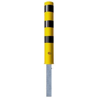Gele en zwarte gestreepte rampaal Ø152 mm met driekantslot, uitneembaar.