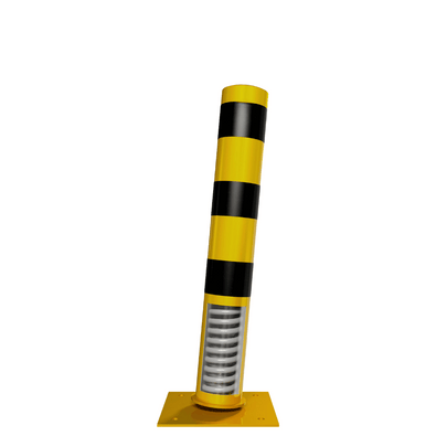Gele en zwarte rampaal (Ø152 mm) op verende voetplaat, licht gekanteld.