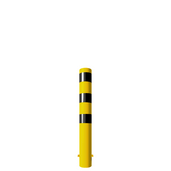 Gele en zwarte stalen rampaal Ø152 mm, 1200 mm hoog, met gelaste kap voor betonverankering.