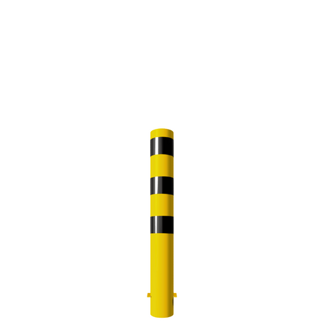 Gele en zwarte stalen rampaal Ø152 mm, 1200 mm hoog, met gelaste kap voor betonverankering.