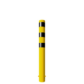 Gele stalen rampaal Ø152 mm met zwarte strepen en gelaste kap, voor betonverankering.