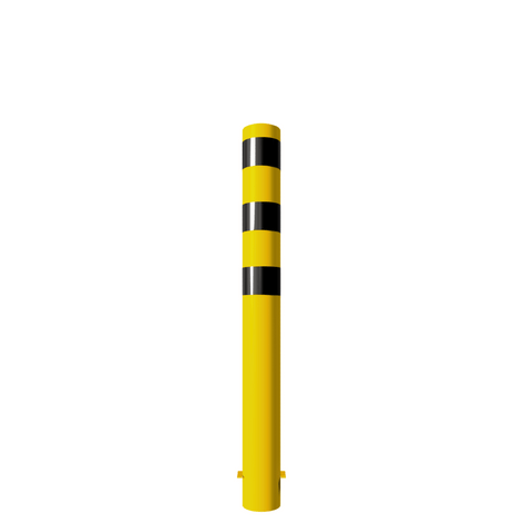 Gele stalen rampaal Ø152 mm met zwarte strepen en gelaste kap, voor betonverankering.