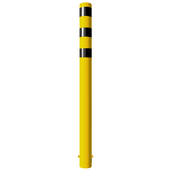 Gele stalen rampaal Ø152 mm met zwarte strepen en gelaste kap, voor betonverankering.