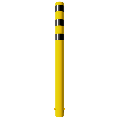 Gele stalen rampaal Ø152 mm met zwarte strepen en gelaste kap, voor betonverankering.