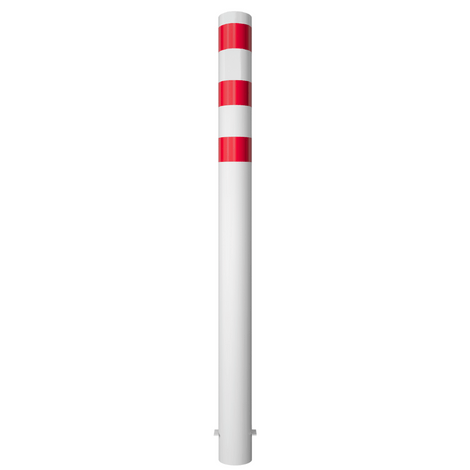Witte stalen rampaal Ø152 mm met rode reflecterende strepen en gelaste kap, 2000 mm hoog.