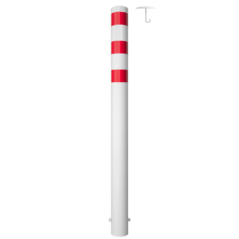 Witte rampaal Ø152 mm met rode reflecterende banden en losse kap met betonanker.