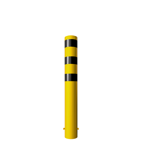 Gele en zwarte stalen rampaal Ø193 mm met gelaste kap, voor betonverankering, 1500mm hoog.