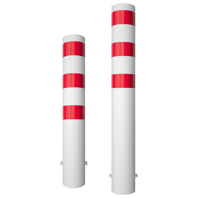 Twee wit-rode rampaal Ø193 mm voor betonverankering, met reflecterende strepen.