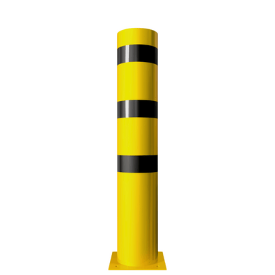 Gele stalen rampaal Ø273 mm met zwarte strepen, op een vierkante voetplaat.