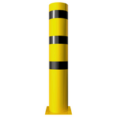 Gele en zwarte rampaal Ø273 mm met gelaste kap en voetplaat.