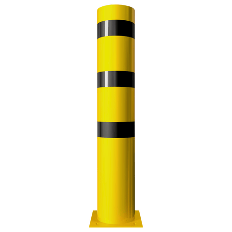 Gele en zwarte rampaal Ø273 mm met gelaste kap en voetplaat.