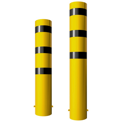 Twee gele rampaal Ø273 mm met zwarte strepen, voor betonverankering.