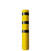 Gele stalen rampaal Ø273 mm met zwarte strepen, gelaste kap en ankerpunten voor betonverankering.