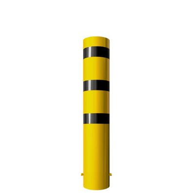 Gele stalen rampaal Ø273 mm met zwarte strepen, gelaste kap en ankerpunten voor betonverankering.