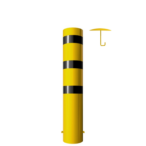 Gele en zwart gestreepte rampaal Ø273 mm met losse kap en betonanker.