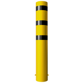 Gele stalen rampaal Ø273 mm met zwarte reflecterende strepen en gelaste kap, voor betonverankering.