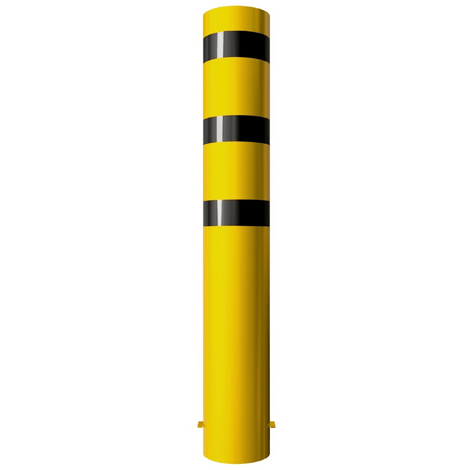 Gele stalen rampaal Ø273 mm met zwarte reflecterende strepen en gelaste kap, voor betonverankering.