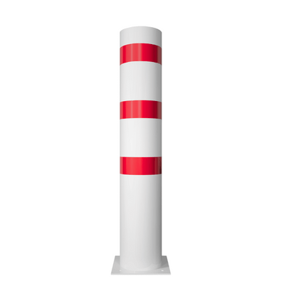 Witte rampaal Ø273 mm met drie rode reflecterende banden, gemonteerd op een voetplaat.
