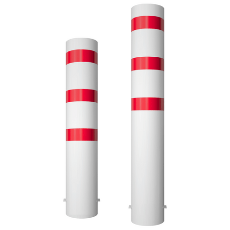 Twee wit-rode rampaalen Ø273 mm voor betonverankering, verschillende hoogtes.