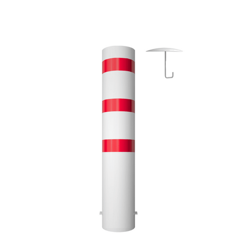 Witte rampaal Ø273 mm met rode strepen, losse kap en betonanker, 1500mm.