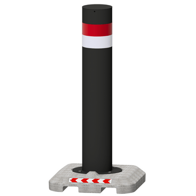 Zwarte mobiele rampaal Ø273 mm met rode en witte reflecterende banden op een grijze betonvoet.