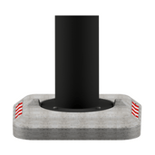 Zwarte stalen rampaal (Ø273 mm) met mobiele, grijze betonvoet en reflecterende strepen.