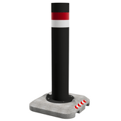 Zwarte rampaal Ø273 mm met rode en witte reflecterende strepen, op een mobiele betonvoet met pijlen.